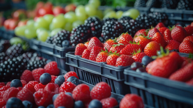 Rows of fresh and colorful mixed berries, including strawberries, raspberries, blueberries, and blackberries.