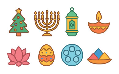 Global Religious Symbols. Flat vector mini-illustrations Religious holidays around the world in colors