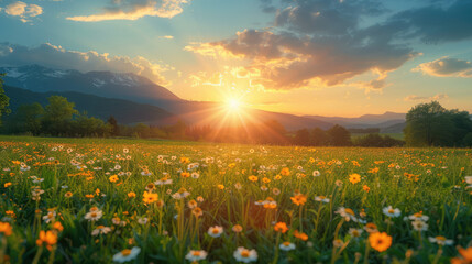 Fototapeta premium Sunrise over a vibrant flower meadow with mountains in the background, creating a serene and picturesque scene.
