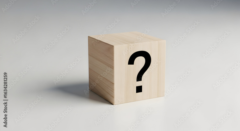 Aufkleber wooden cube with question mark, concept of uncertainty, problem solving and choices