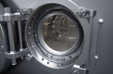 Secure, open bank vault door reveals metallic interior, showcasing strength and security