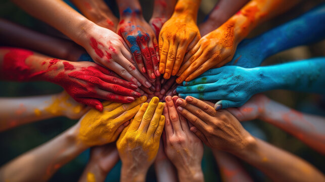 Diversity in unity: Hands painted in vibrant colors symbolizing collaboration and shared purpose.