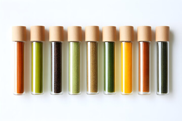 Fototapeta premium Colorful spices in glass tubes with wood lids create modern design elements. Food photography for recipes, culinary branding, posters.