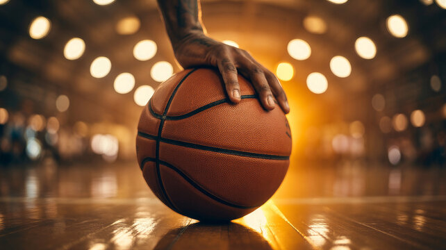 Close up of a basketball player dribbling on a shiny court with stadium lights. Basketball player in action