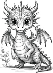Cute Baby Dragon Drawing, Black and White Fantasy Line Art Illustration for Kids Coloring Pages, Mythical Creature Cartoon Design