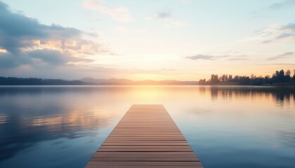Boardwalk Extending To The Lake, Tranquil Atmosphere Of The Lake During Sunrise - Peaceful Morning Scenery On The Boardwalk.