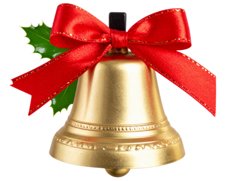 A single golden sleigh bell tied with a festive red ribbon bow and small sprig