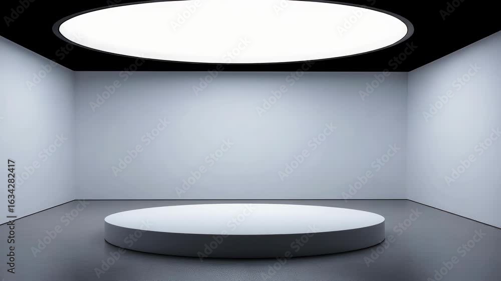 Poster minimalist stage in an empty gallery with circular platform and soft lighting