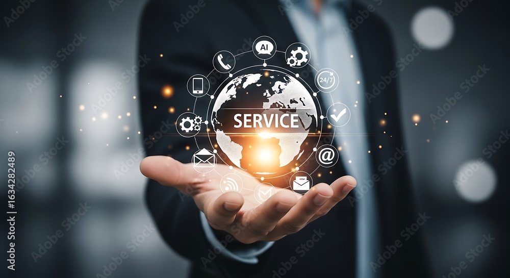 Poster global business operations managed through innovative digital service network connecting clients wor