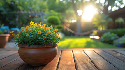 Fototapeta premium Orange flowers in a pot on a wooden table create a vibrant scene in the soft, sunlit garden.
