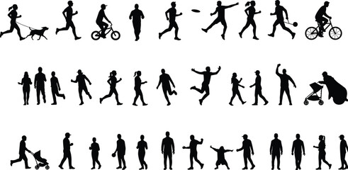 Silhouettes of people running walking cycling talking pushing strollers playing frisbee diverse park scene showcasing everyday human movement and interaction