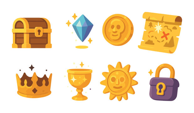 Magic Treasures Icons. Flat vector mini-illustrations Hidden treasures with magic in colors children's