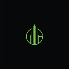 Stylized Eco-Friendly Cityscape Logo Design in Green on Black Background