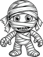 Cute Mummy Character Cartoon, Black and White Line Art Illustration for Kids Halloween Coloring Pages, Educational and Holiday Design