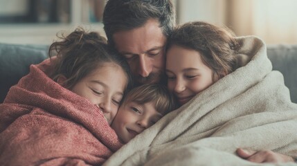 family hugging under blanket instead of heater, scene of emotional warmth