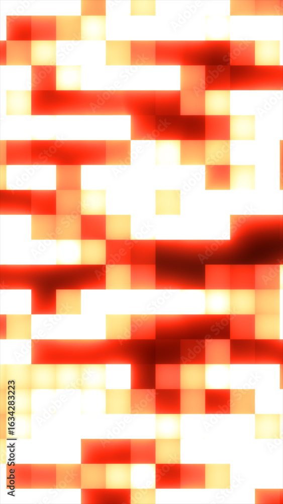 Poster bright glowing pixel squares in red and yellow tones, forming an abstract digital grid with intense 