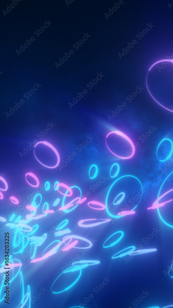Poster neon abstract shapes in vibrant pink and blue colors floating dynamically, creating a futuristic vis