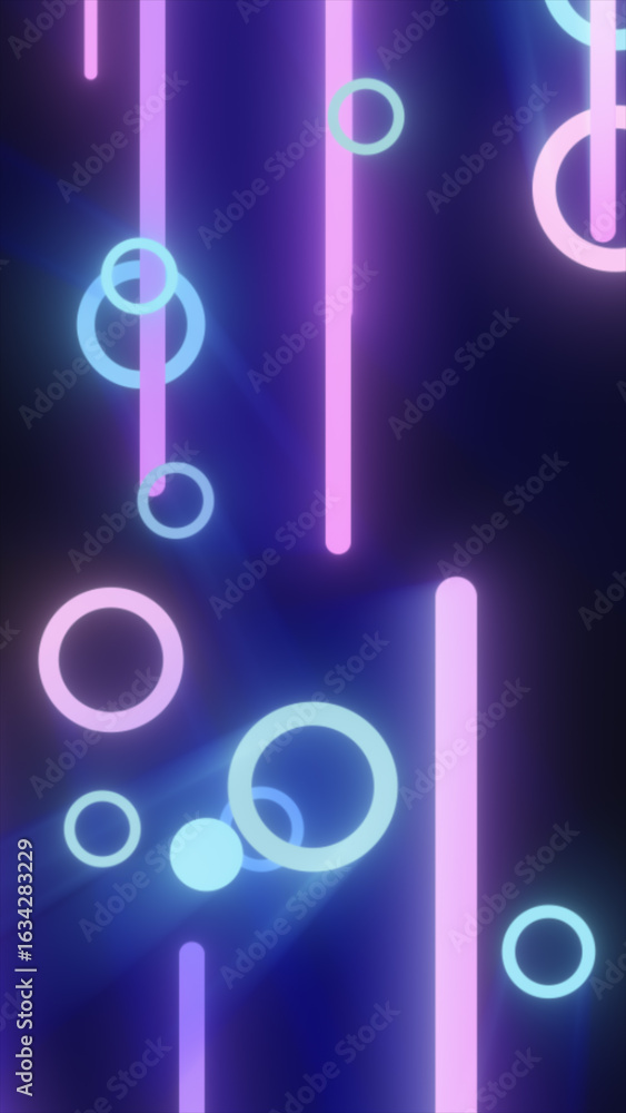 Poster glowing neon circles and vertical lines in blue and pink tones float on a dark background with light