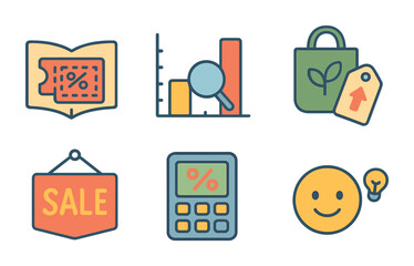 Smart Shopping Icons. Flat vector mini-illustrations Smart shopping habits in colors children's illustrations: