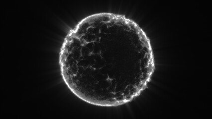 High-contrast glowing black and white digital sphere with radiant texture and electric surface