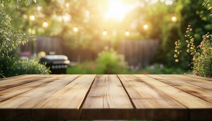 Summer Backyard Garden With Grill Bbq And Wooden Table, Featuring A Wood Table Top, Creating A Beautifully Blurred Outdoor Setting.