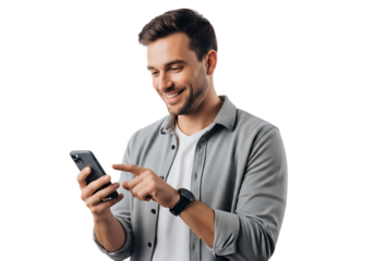 Smiling man using his smartphone to connect with friends and family through social media applications isolated on transparent background