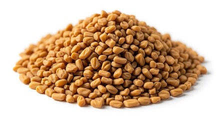 Fototapeta premium A pile of small brown fenugreek seeds on a white background