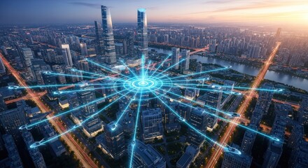 Radiant Blue Data Hub Connecting a Futuristic Metropolis at Twilight