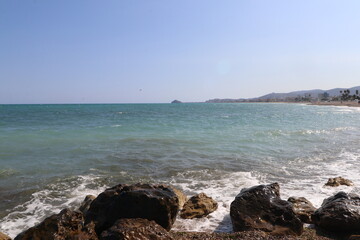 Views of the tourist city of Peníscola, its Castle and its beach, on the Mediterranean Sea, in the Baix Maestrat