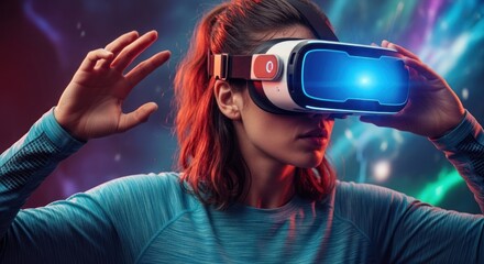 Immersive digital reality experience of a girl wearing a virtual reality headset