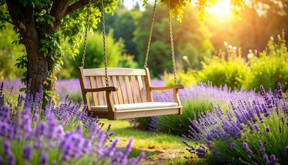 Wooden swing in lavender field at sunset