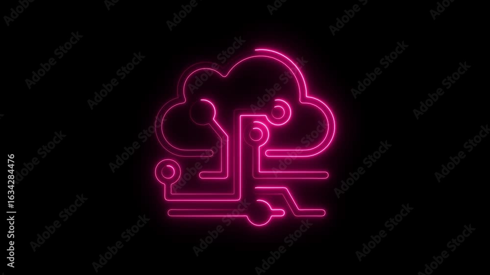 Poster Neon Cloud Computing Circuitry Animation Futuristic Digital Technology Concept Abstract Cloud Shape with Glowing Pink Lines Representing Data Processing and Network Connectivity on Black Background