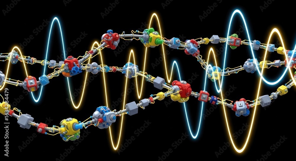 Aufkleber interconnected futuristic network with robotic nodes and energetic waves on black backdrop
