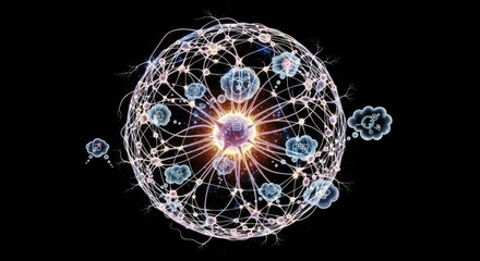 Interconnected digital thoughts represented as a futuristic sphere on black background