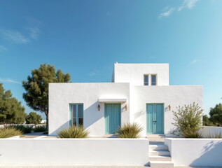 Fototapeta premium traditional_mediterranean_white_house_summer_architectural_background_with_blue_sky