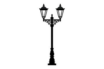 Obraz premium A black silhouette of a vintage street lamp with two lanterns and decorative elements stands tall