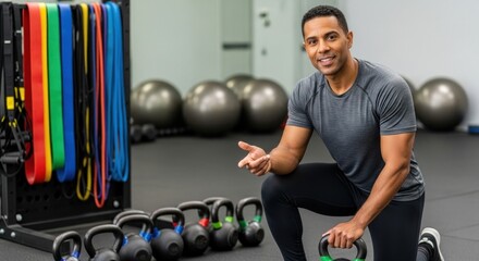 Obraz premium Motivated personal trainer displaying exercise equipment in a modern fitness studio