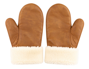  Brown leather mittens with white faux-fur trim around the cuffs, side-angle view show