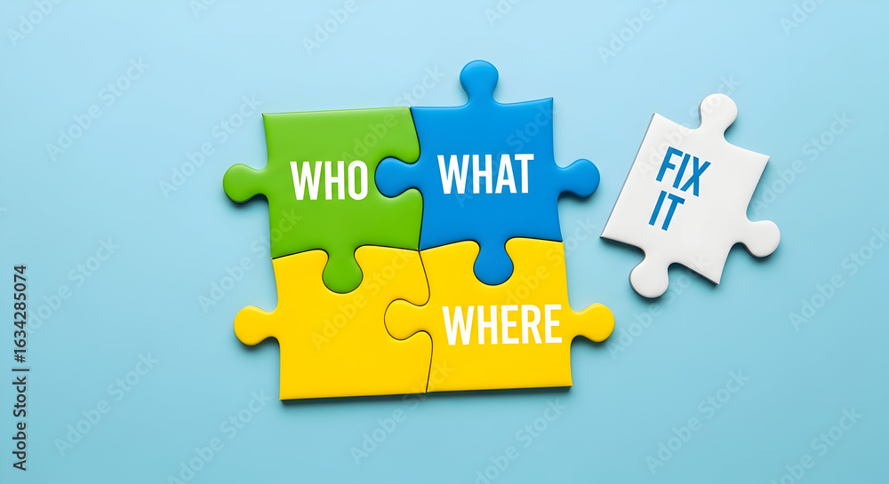 Poster problem solving concept: who what where and fix it jigsaw puzzle on blue background
