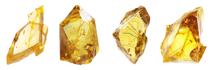 set of beautiful raw yellow crystals, gemstones isolated on white background
