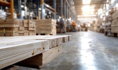 Various types of wooden planks are stacked neatly in a workshop, showcasing different textures and colors illuminated by soft afternoon light, ready for upcoming building projects