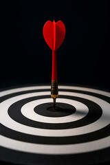 Red Dart Hitting Bullseye on Black and White Target – Precision and Accuracy Concept for Goal Achievement and Focus