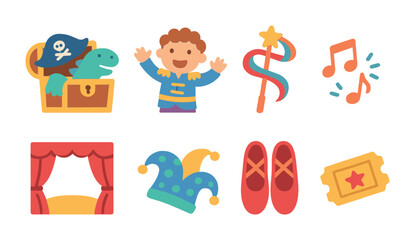 Obraz premium Kids' Theater Icons. Flat vector mini-illustrations Kids’ theater with songs and dance in colors children's
