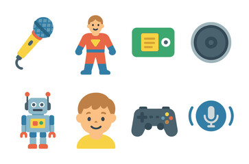 Toy Voice Recording Icons. Flat vector mini-illustrations Recording vocals for toys and games in colors