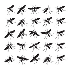 A collection of 20 black silhouettes of mosquitoes arranged in a grid pattern against a white background. 