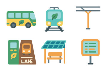 Eco Transit Icons. Flat vector mini-illustrations Eco-friendly public transit in colors children's