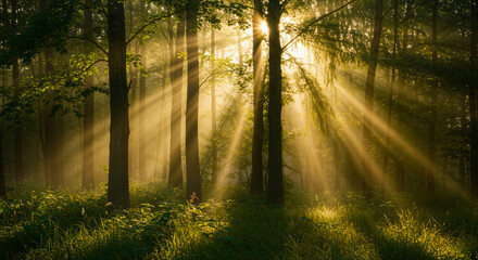 Obraz premium The mystical dawn illuminates a sylvan forest, instilling a sense of hope and tranquility in nature.