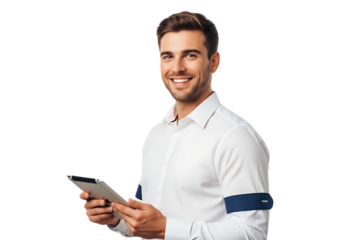 Smiling young man holding a tablet in his hands while standing against a transparent background looking at the camera