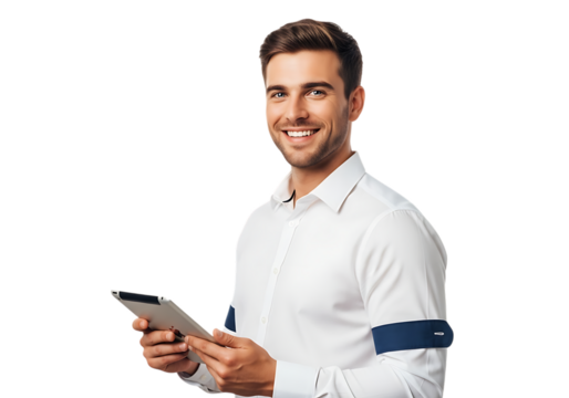Smiling young man holding a tablet in his hands while standing against a transparent background looking at the camera