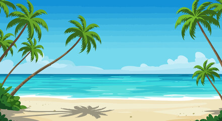 Obraz premium Tropical beach paradise with palm trees cartoon background